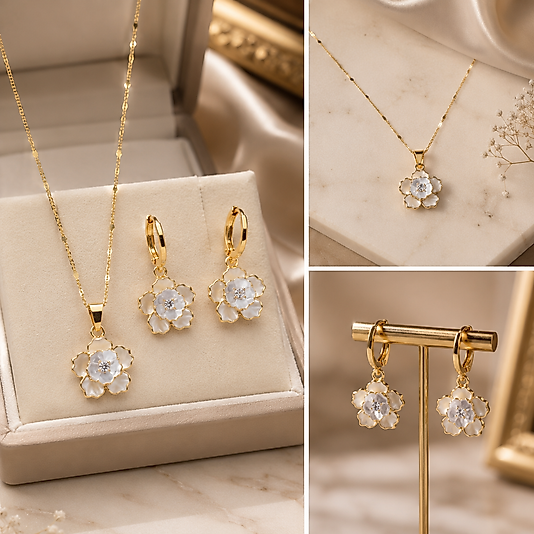 İnci Çiçeği Gold Kolye & Küpe Takı Seti