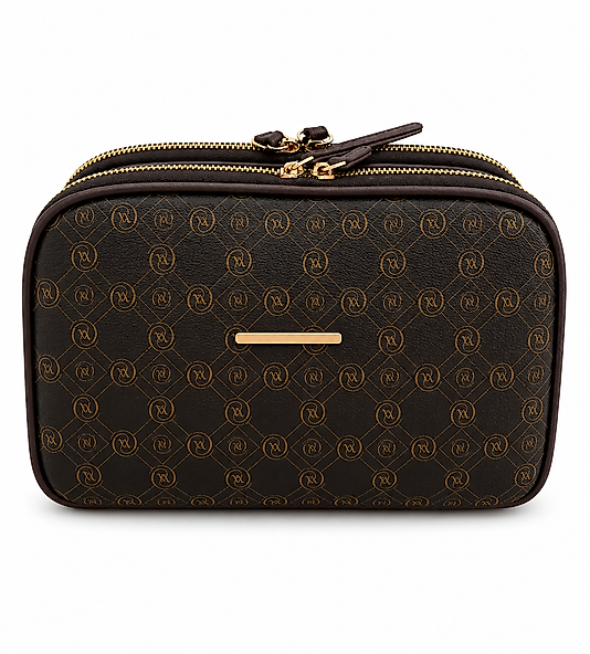 Premium Kahve Monogram Desenli Çift Bölmeli Omuz ve Çapraz Çanta