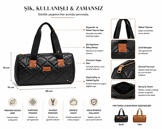 Kapitone Desenli Siyah Kadın El & Omuz Çantası – Günlük Kullanım ve Şık Tasarım