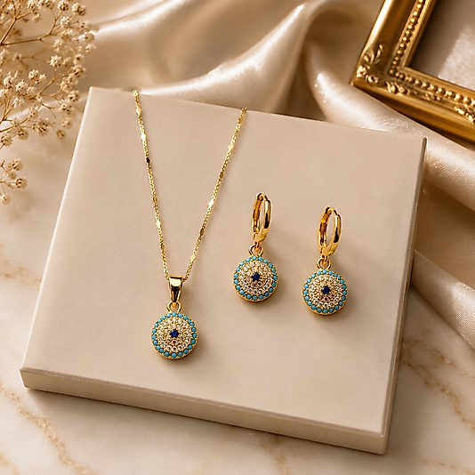 Luna Nazar Gold Kolye & Küpe Takı Seti