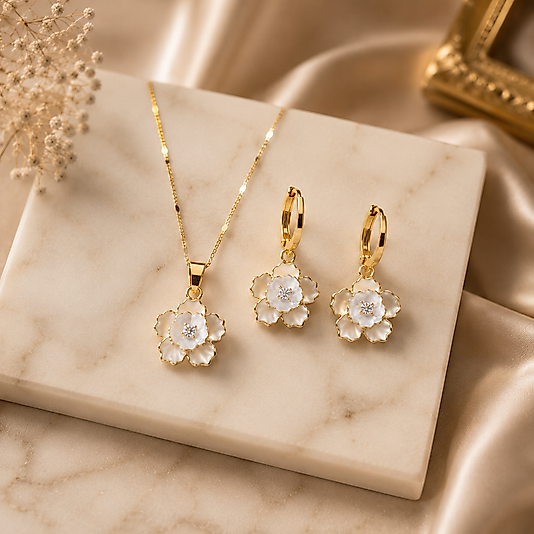 İnci Çiçeği Gold Kolye & Küpe Takı Seti