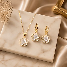 İnci Çiçeği Gold Kolye & Küpe Takı Seti