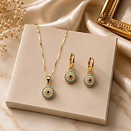 Luna Nazar Gold Kolye & Küpe Takı Seti